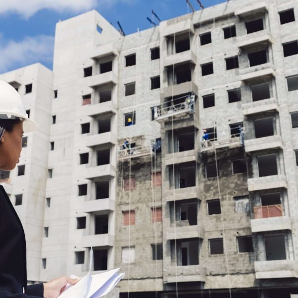 african-american-lady-safety-helmet-with-papers-near-building-construction-min