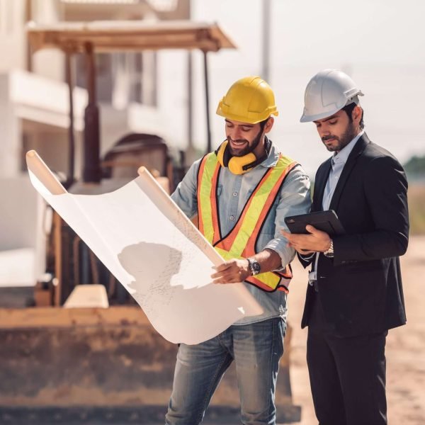 civil-engineer-construction-worker-manager-holding-digital-tablet-blueprints-talking-planing-about-construction-site-cooperation-teamwork-concept-min